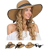 Senker Fashion Sun Hats for Women, Wide Brim Floppy Beach Straw Hat for Summer Travel Vacation Foldable with Sunglasses