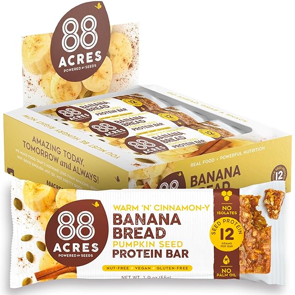 88 ACRES PUMPKIN SEED PROTEIN BARS, BANANA BREAD, 9 COUNT, 12G PLANT-BASED PROTEIN, GLUTEN FREE, NUT FREE, SCHOOL SAFE SNACK BAR, VEGAN, NON-GMO, INDIVIDUALLY WRAPPED