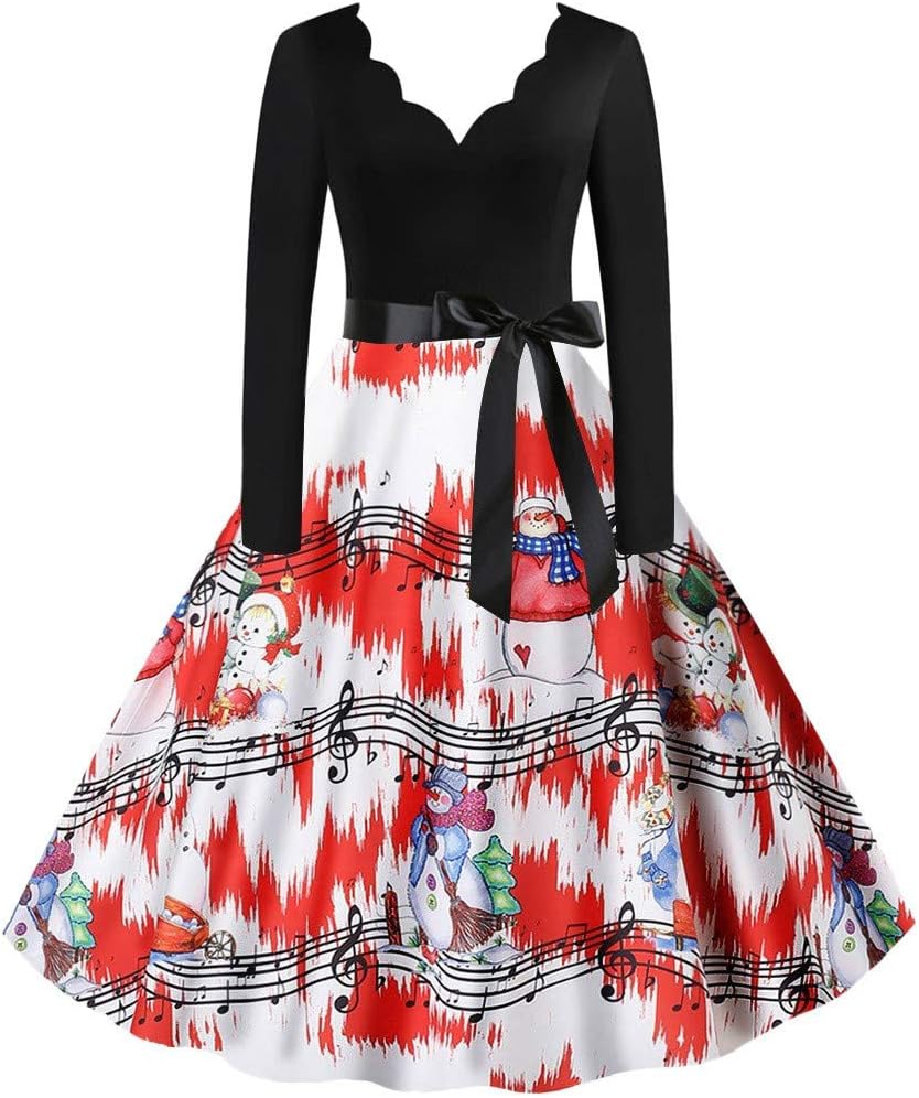 NEEDRA Women's Retro O Neck Butterfly Musical Note Printed Evening Dress