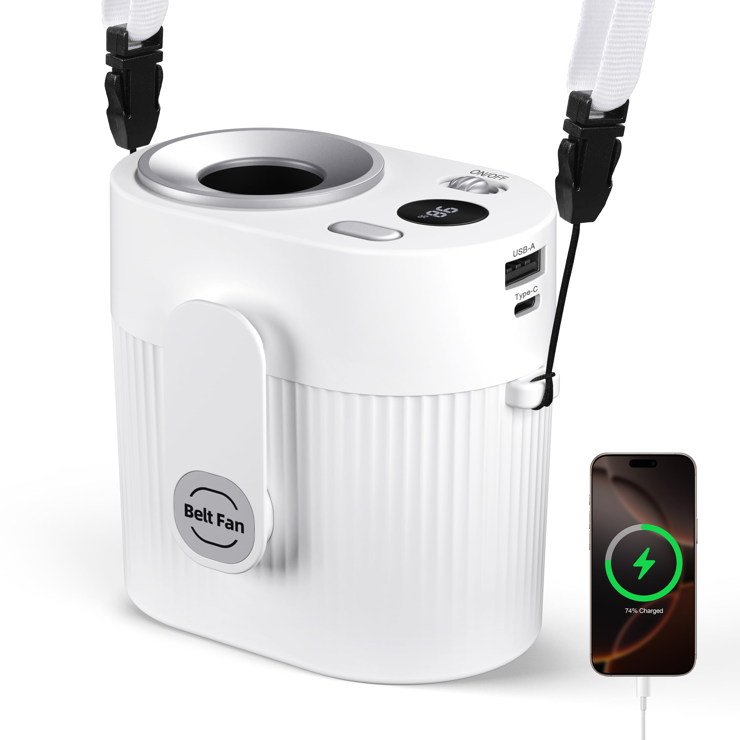 Photo 1 of Portable Waist Clip Fan: 20000 RPM Turbo Cooling - Rechargeable 8000 mAh Battery and LED Display - 5 Speed Belt Fan on Shirt for Outdoor/Jobsite/Camping/Travel - White