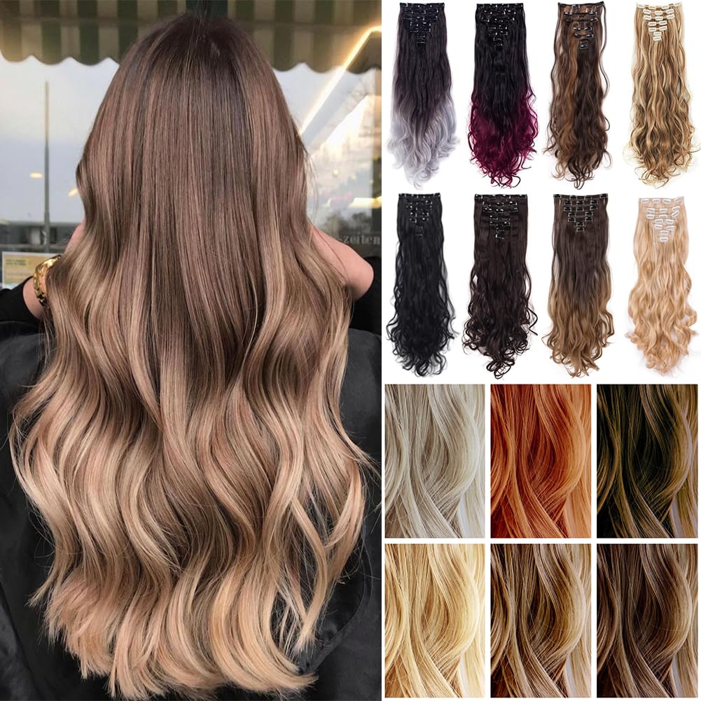 Super Deerlet 7Pcs 16 Clips Double Weft Clip in Full Head Hair Extensions Clip on Silky Wavy Synthetic Curly Hair