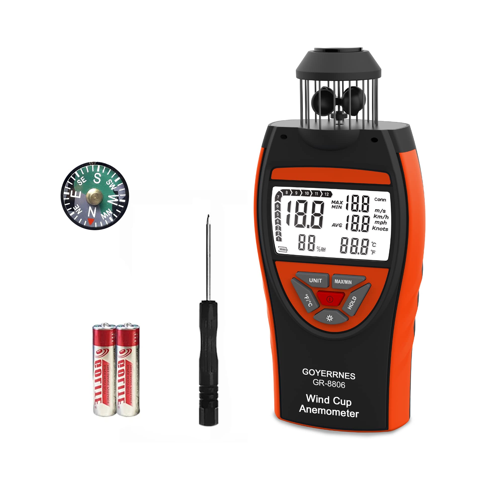 GOYERRNES Digital Anemometer Handheld GR-8806 Wind Meter Air Velocity Tester Measure Wind Speed m/s, km/h, mph, Knots Temperature ℃ /℉ Support Tripod Screw, Data Retention, Backlight