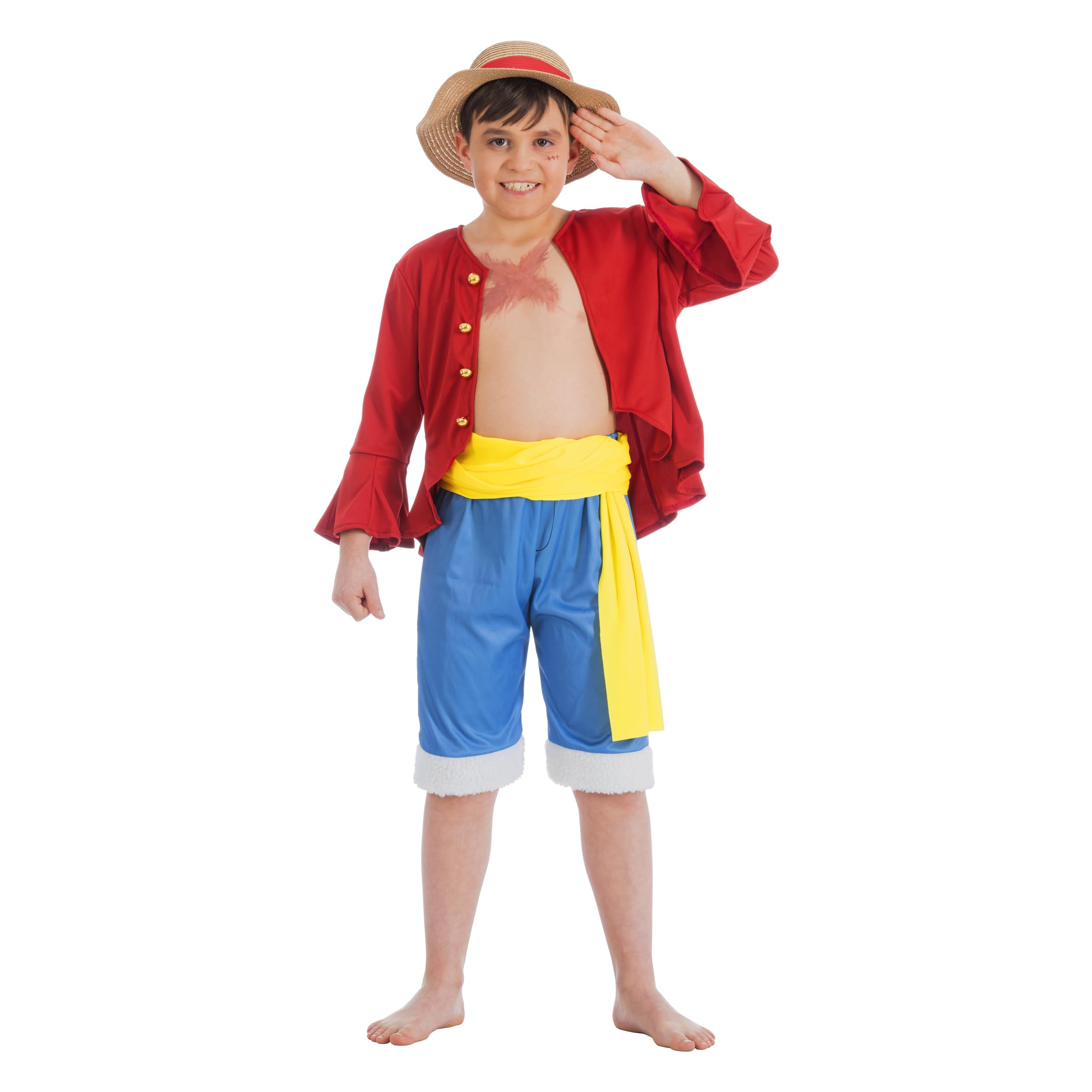Chaks One Piece Costume Ruffy Straw Hat Monkey D. Luffy for Children Size 128-152 Anime Licensed Costume Manga Cosplay Fancy Dress (128)