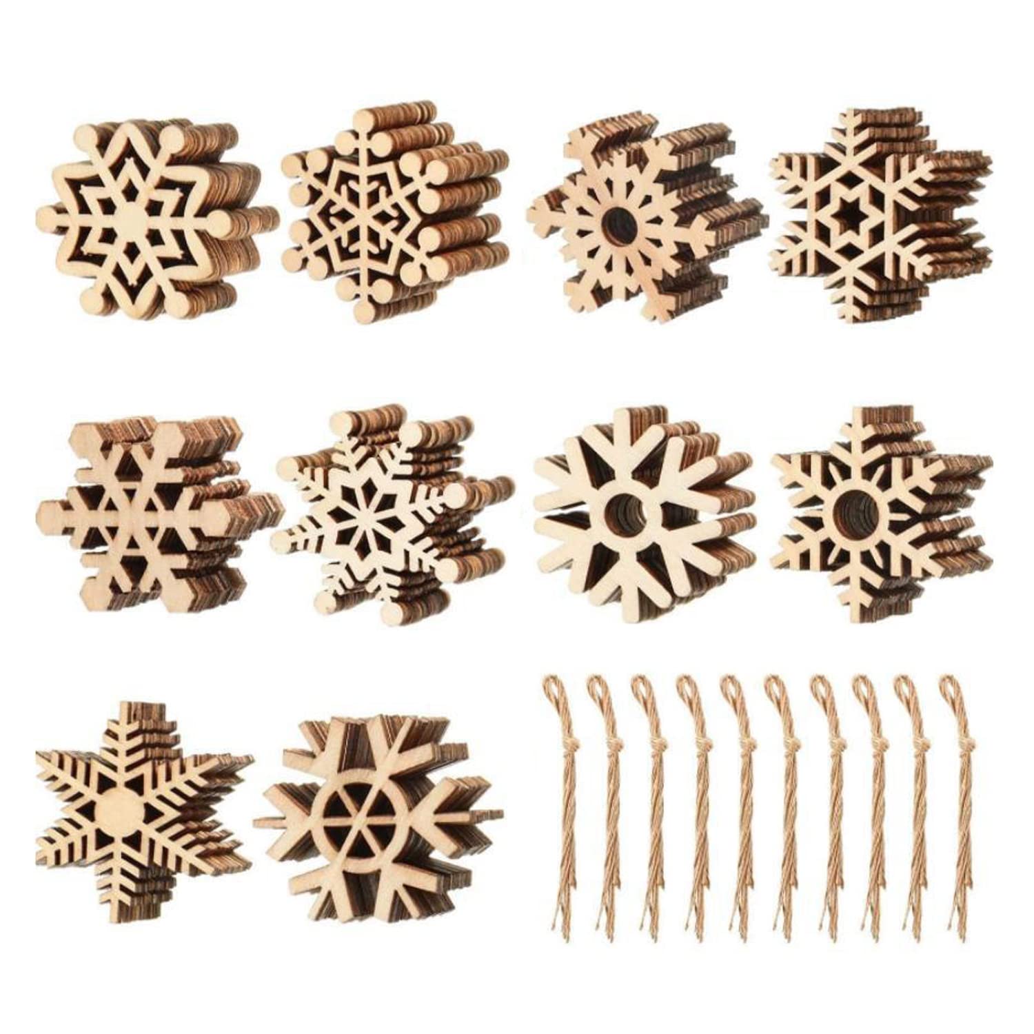 Wooden Snowflake, 50pcs Unfinished Wooden Ornaments Snowflake Cutouts Hollowed Snowflakes Christmas Tree Hanging Ornaments Christmas Decoration DIY Crafts Decor with Strings…