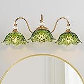 sunkryster Vintage Bathroom Vanity Light, 3-Light Matte Brass Finish Vanity Light with Floral Green Glass Shades, Retro Wall 