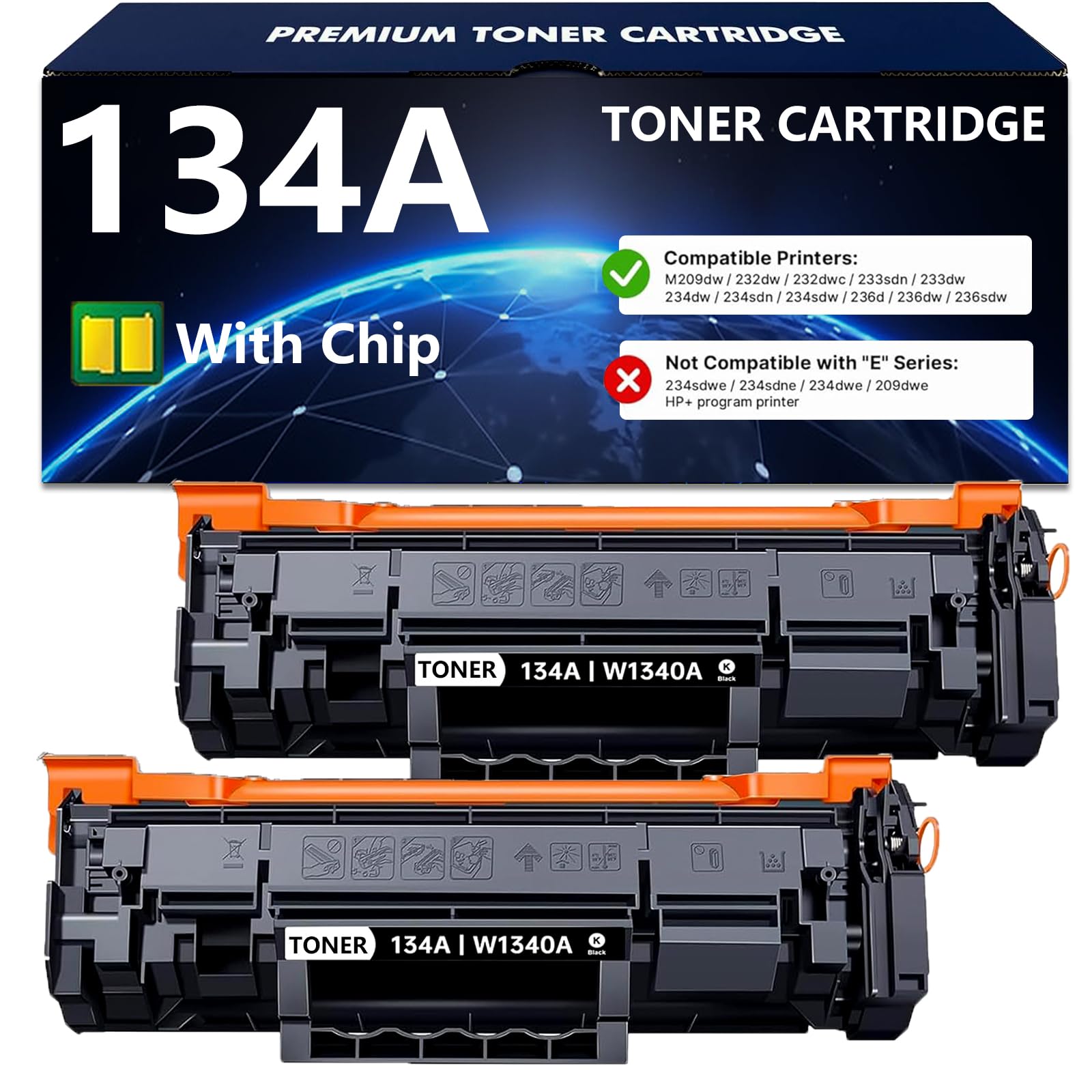 Photo 1 of 134A Black Toner Cartridge with Chip Compatible for HP 134A 134X W1340A Toner Cartridge to Work with Laserjet M209dw 232dw 232dwc 233sdn 233dw 234dw 234sdw 236dw 236sdw Series Printer, 2-Pack
