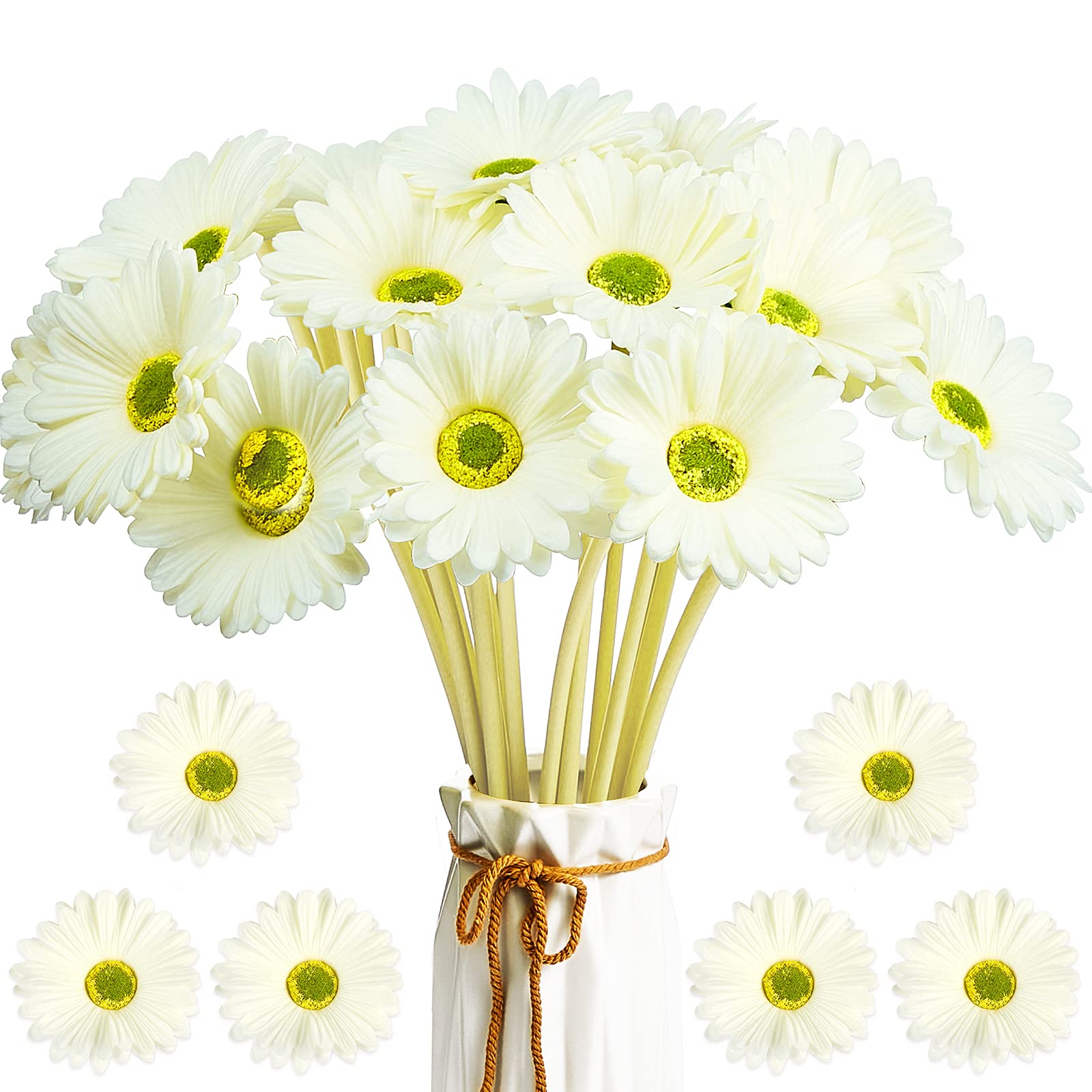 WILLBOND Artificial Gerbera Daisies Flowers Fake Daisy Faux Flowers Bouquet 15 Inch for Wedding Bridal Bouquet Party Home Kitchen (White, 18 Pieces)