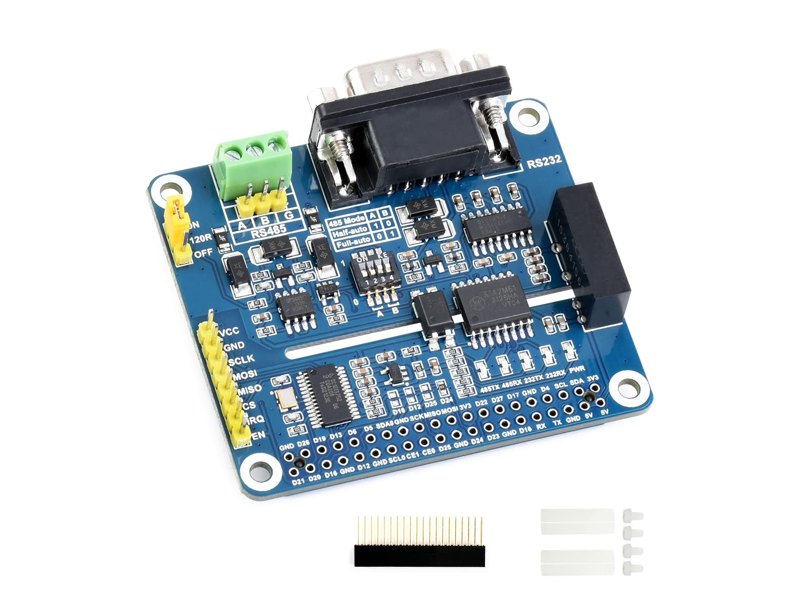 RS485 RS232 HAT for Raspberry Pi Isolated RS485 RS232 Expansion Board Adopt SC16IS752, SP3485, SP3232 Scheme, Converts SPI to RS485, RS232, Date Rate up to 921600bps, Multi Protection Circuits