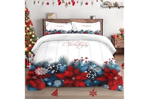 WeCozy Queen Size Comforter Set with 2 Pillowcases, Red Christmas Pine Snowflake Tree Soft 3 Pcs Bedding for Kids and Adults Bedroom Bed Decor
