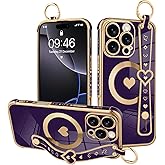 MOWIME Magnetic for iPhone 16 Pro Max Case with Wrist Strap, Cute Love Heart Pattern for Women Girls Soft Plating Bumper Anti-Scratch Protective Cover with Stand Kickstand Holder, Dark Purple