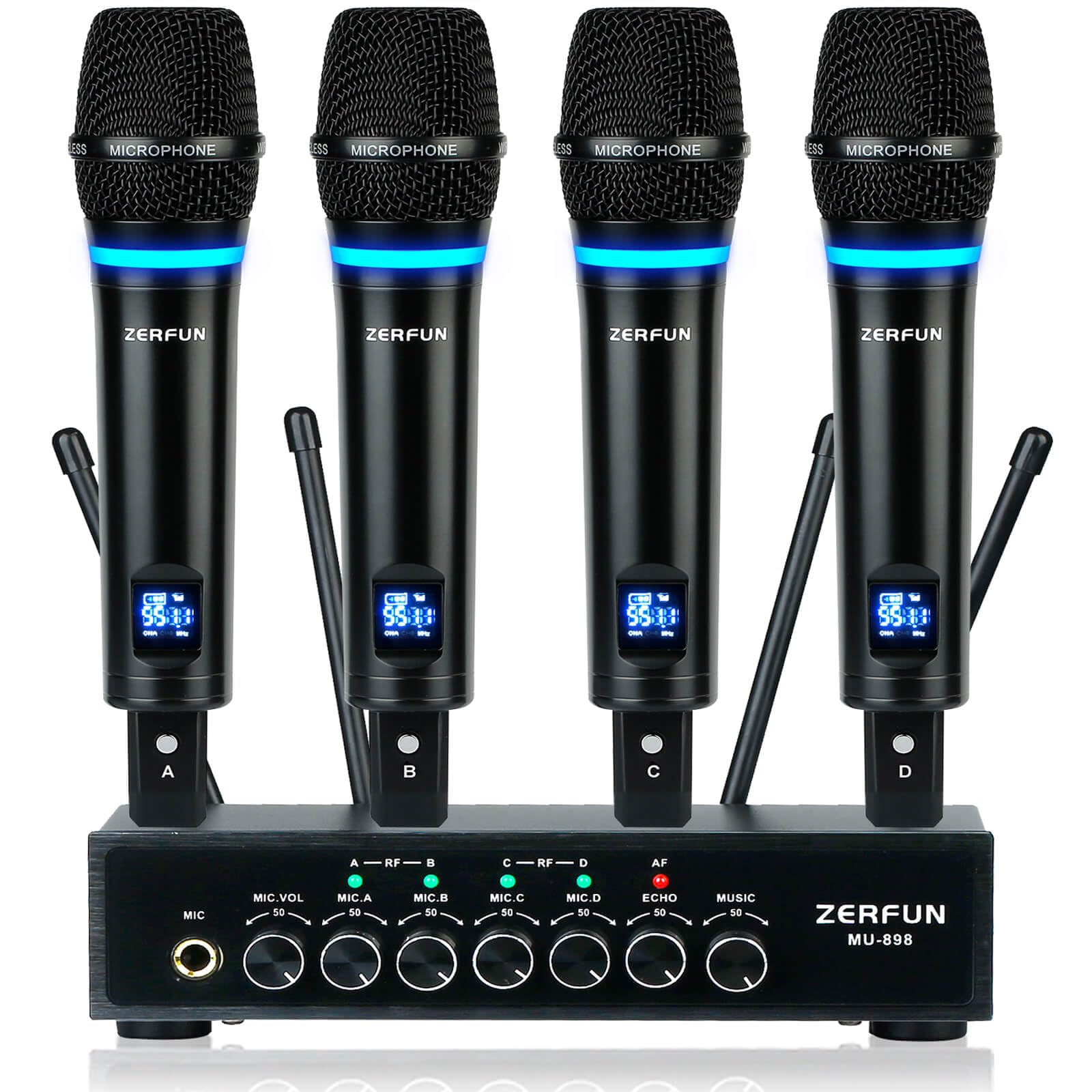 Photo 1 of ZERFUN Rechargeable Wireless Microphone System 4 Channel Pro, UHF Metal Handheld Wireless Mics Cordless for Church Karaoke Singing with Bluetooth Echo Volume Control, 4x50 Frequency(MU-898)