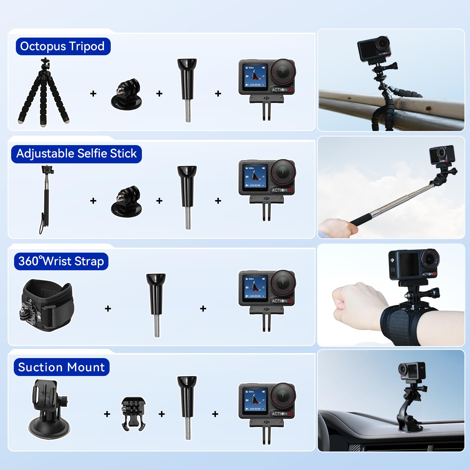 DJI Osmo Action 5 Pro Standard Combo,with 58 Piece Accessory Kit and 2 Extra Batteries + 64GB Card - Waterproof Action Camera with 1/1.3