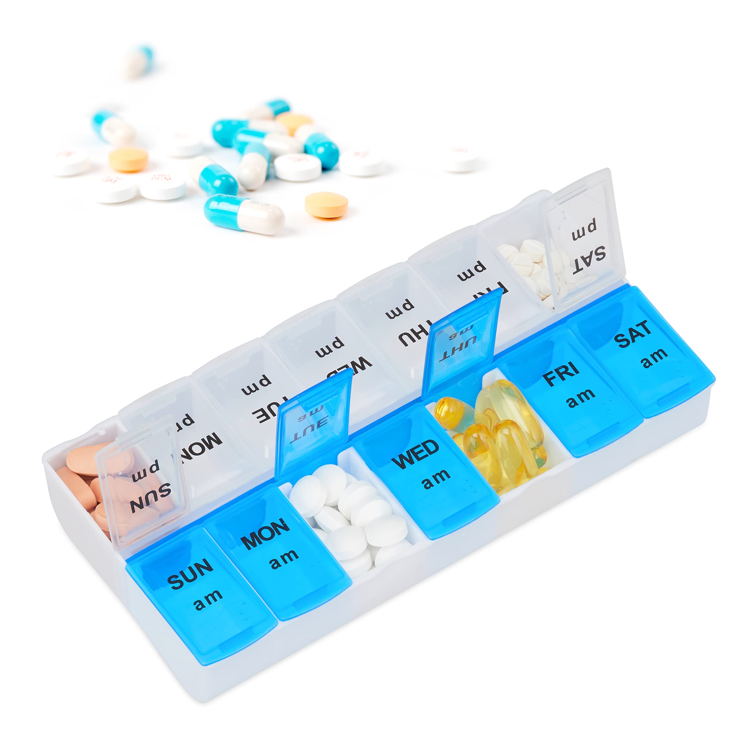 Relaxdays Pill Organiser for 7 Days, 2 Compartments, Morning and Evening, Weekly Pill Box for Home & Travels, White-Blue