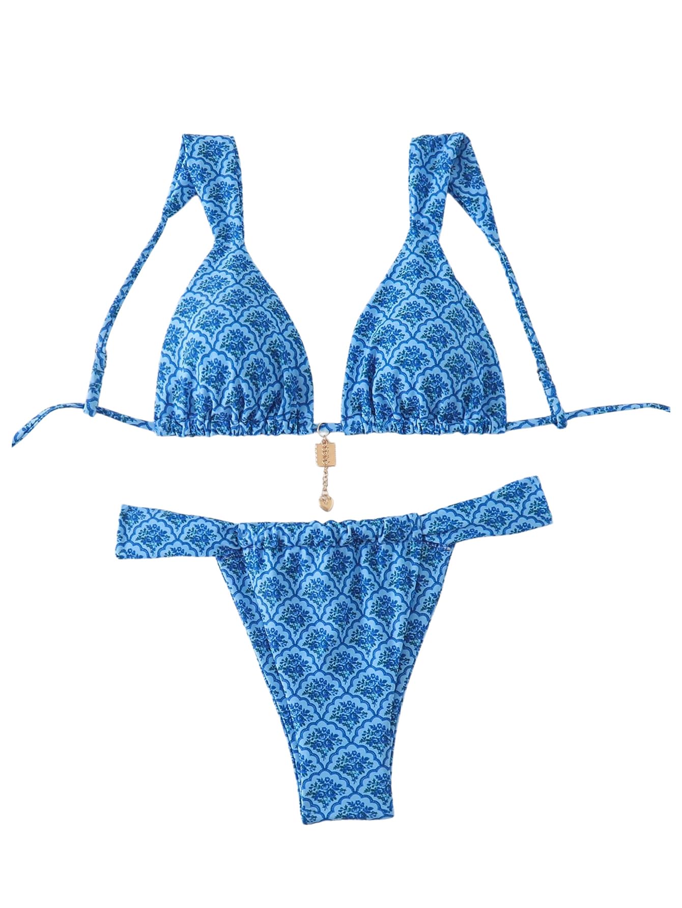 Photo 1 of MakeMeChic Women's Floral Print 2 Piece Bikini Sets Tie Back Triangle Thong Bathing Suit Swimsuit Blue A Medium