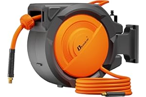 Dkenicor Retractable Air Hose Reel, 3/8" x 120ft Hybrid Hose, Auto Rewind Enclosed Air Compressor Hose Reel with 180° Swivel Bracket, Max 300 PSI Any Length Lock for Garage & Workshop