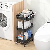 JIUYOTREE 3-Tier Plastic Rolling Storage Cart with Lockable Wheels Black view 3