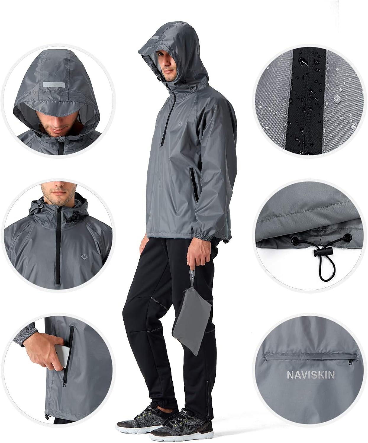 Naviskin Men's Waterproof Rain Jacket Packable Outdoor Hooded Raincoat Poncho: Clothing