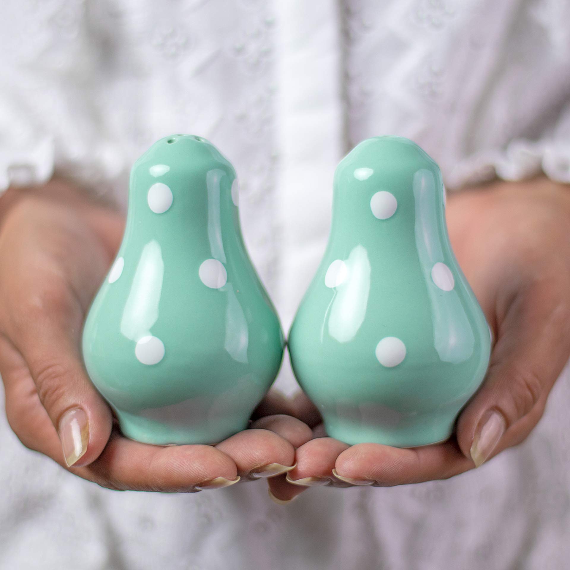 City to Cottage® Teal Blue and White | Polka Dot Spotty | Handmade Hand Painted | Ceramic Salt and Pepper Pots | Shaker | Cruet Set | Holder