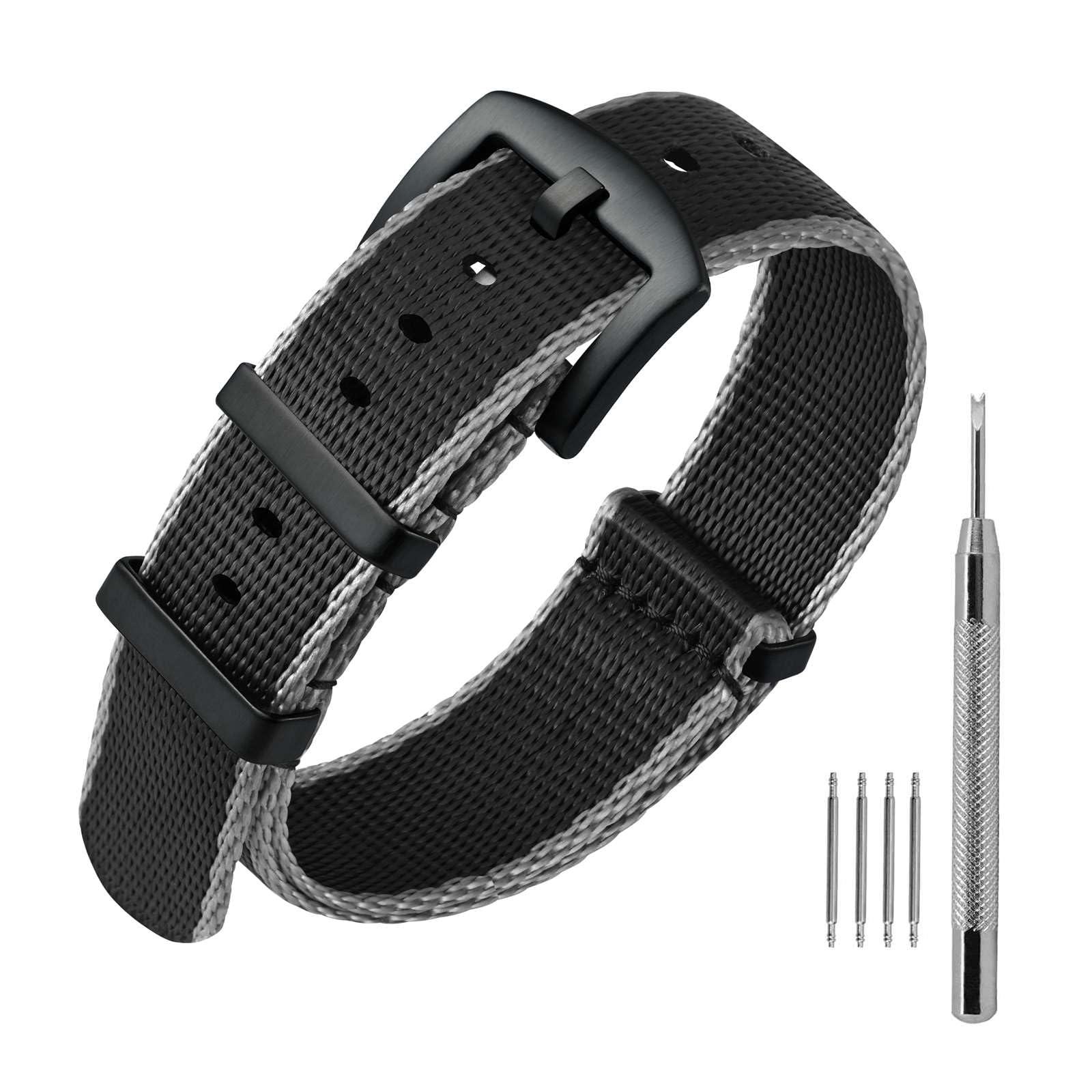 Photo 1 of ANNEFIT Military Nylon Watch Band for Men Women, Replacement Watch Straps 18mm with Black Stainless Steel Buckle (Black/Grey)