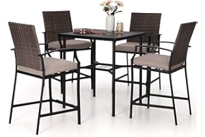 Sophia & William 5 Piece Patio Bar Set, Outdoor High Dining Set, 4 Rattan Bar Stools with Cushion and 1 Square Bar Height Table, All-Weather Wicker Furniture Set for Garden Lawn Backyard