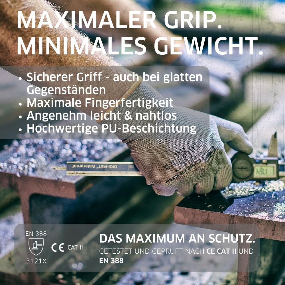 Gebol Nano Flex, 1 Paar Arbeitshandschuhe Herren, atmungsaktive Montagehandschuhe mit PU-Beschichtung für präzises Feingefühl und Griffsicherheit, Gr. L/9, Grau 3