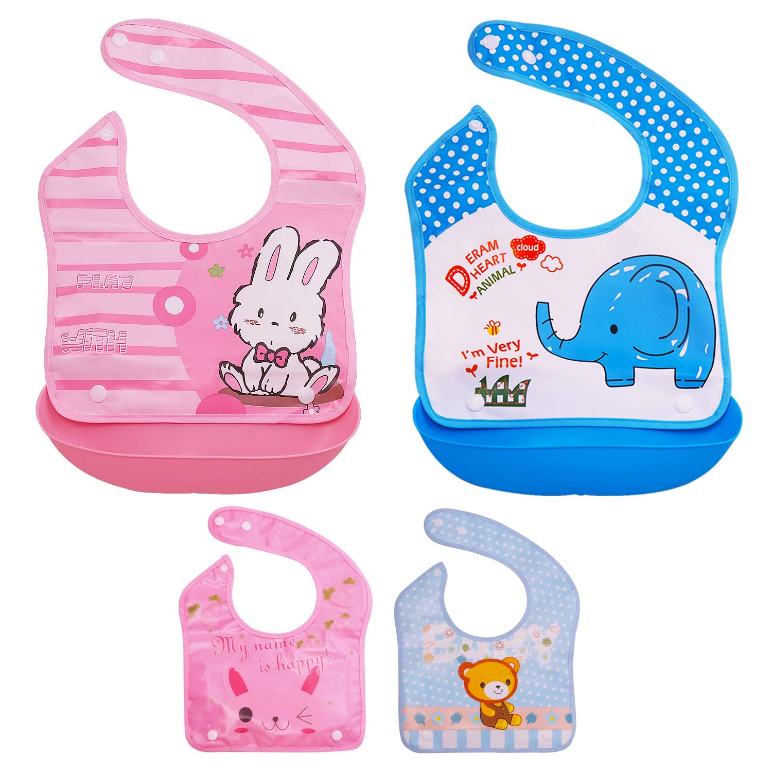 Baby Bibs with Soft Plastic Food Catcher - Set of 4 Bibs and 2 Trays - Waterproof, Reusable and Washable - Drool and Feeding Bib for Babies, Toddlers, Infants, Newborns - Set 4