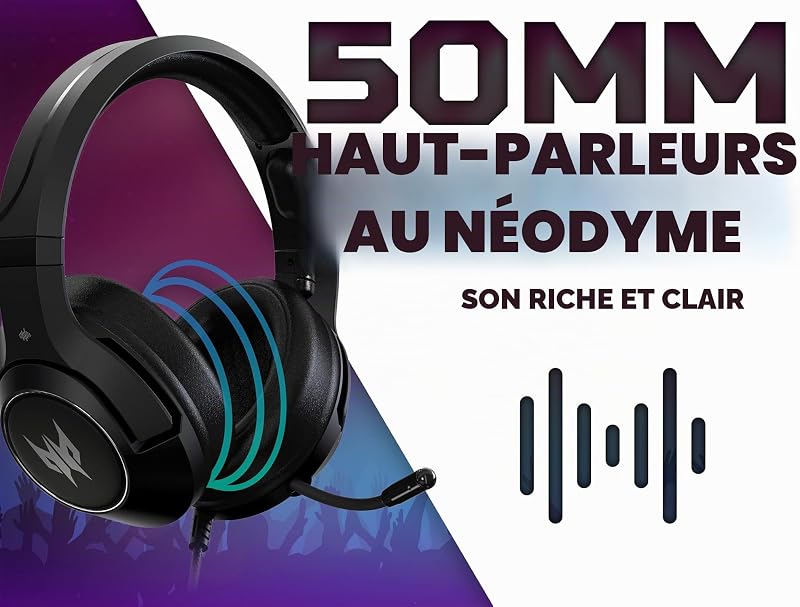 Predator Galea 350, Casque Gaming, avec Câble 3,5 mm Jack, Driver Audio 50 mm, Impédance 32 ohm, Puissance 20mW, Bande Réglable, Microphone Rétractable Unidirectionnel, Contrôle du Volume, Noir