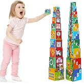beeqoo 10 Pcs Nesting and Stacking Blocks for Toddlers 1-3 - Cardboard Stacking Cubes with ABC &amp; Numbers - Montessori Educational Learning Toy - Sturdy Toddler Tower Building Set for Kids