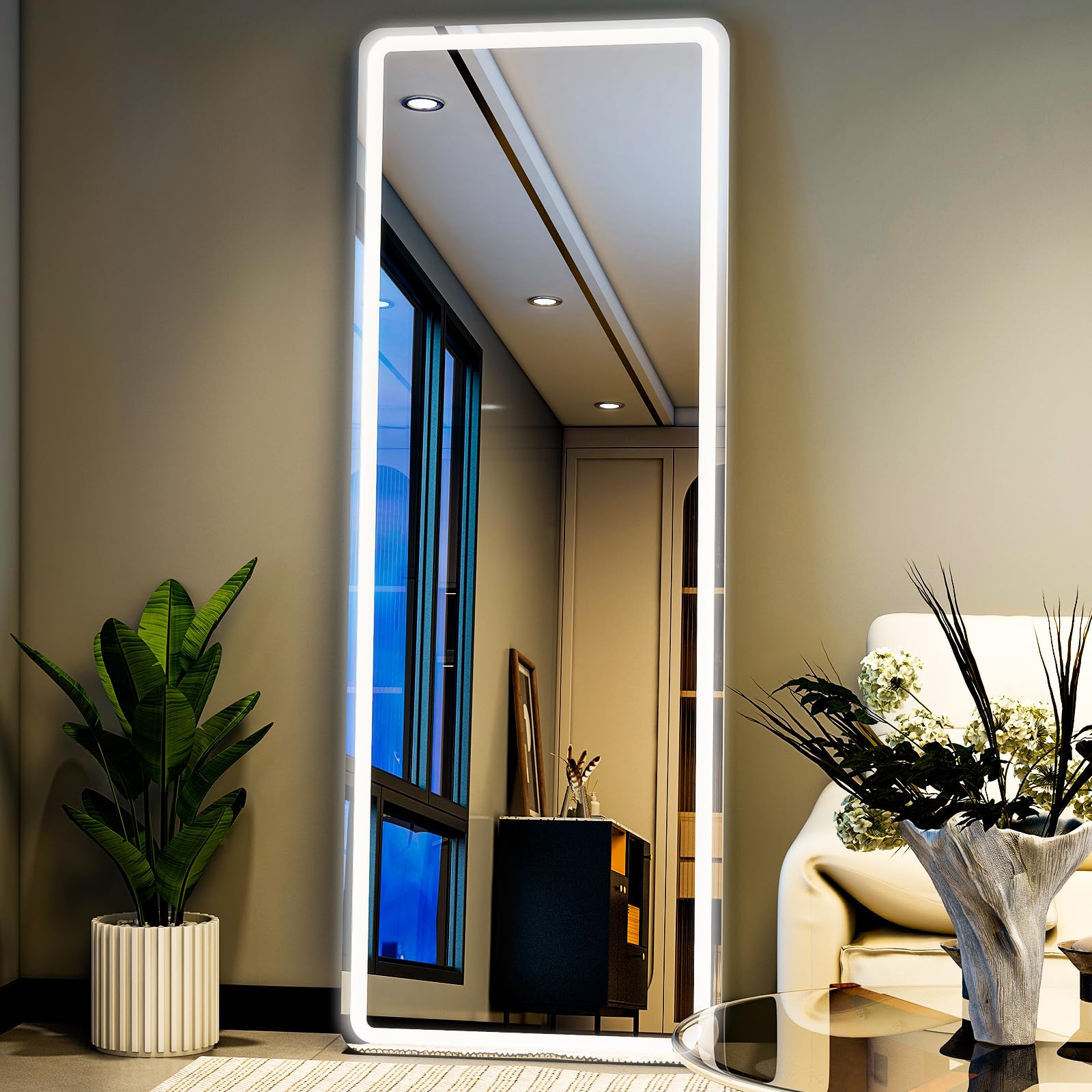 Photo 1 of ****the light doesn't turn on**** WISSMIELS Full Length Mirror with Lights,Tempered Glass 20"x63" Led Full Length Mirror with Dimming & 3 Color Lighting,Door Hanging & Standing Ideal for Bedroom, Dressing Room, Cloakroom Rectangle *****  no incluye sosten