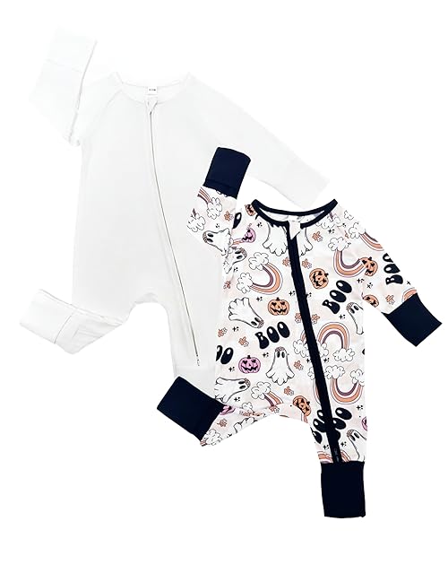 Bow Dream Halloween Baby Bamboo Rayon Romper Girl Footless Viscose Newborn Infant Footie Outfits Mitten Cuffs Toddler Boy Clothes White Black Ghost 18-24 Months