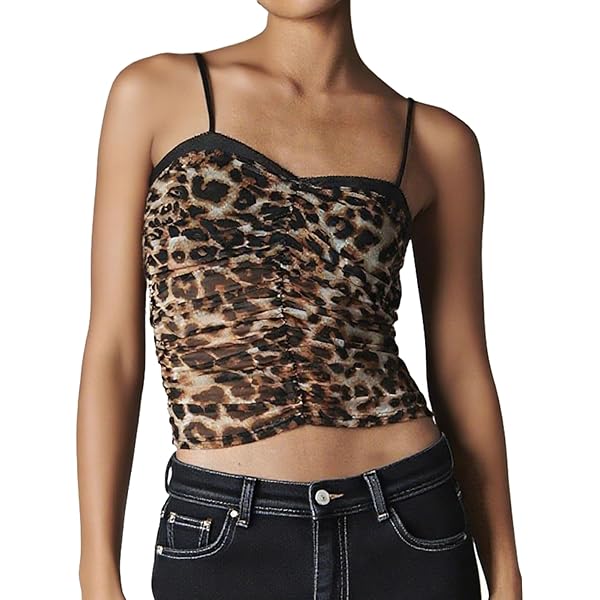 Women Leopard Print Tank Top Lace Trim Deep V Neck Sheer
