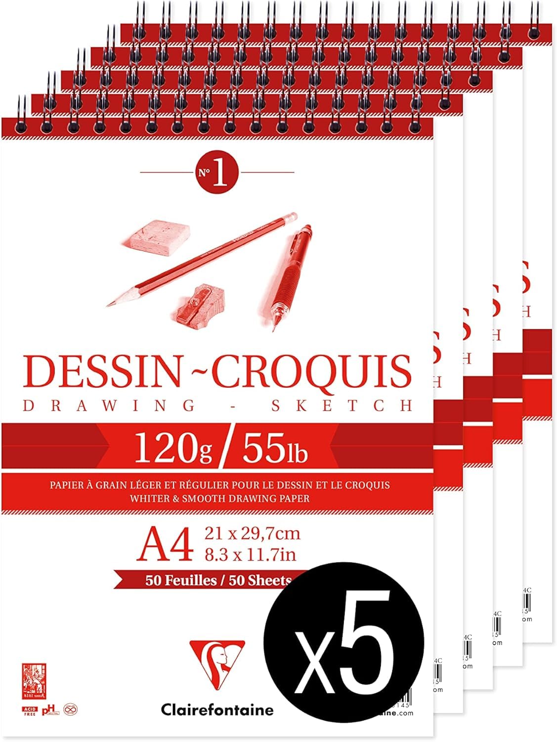 Clairefontaine 96614C Bloc Spiralé en-tête Papier Dessin Croquis - 50 Feuilles Papier Dessin au Grain Très Léger - A4 21x29,7 cm 120g - Paquet de 5 blocs