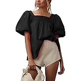 Tiko Miko Short Puff-Sleeve Dressy Blouses Smocked Square Ruffle Neck Loose Shirts Casual Womens Tops