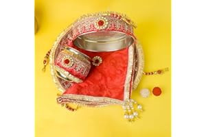 SATVIK STORE SATVIK 11 Pc Red Embroidery Karwa Chauth Thali Set with Cover | Complete Puja Kit for Festive Rituals & Gifting