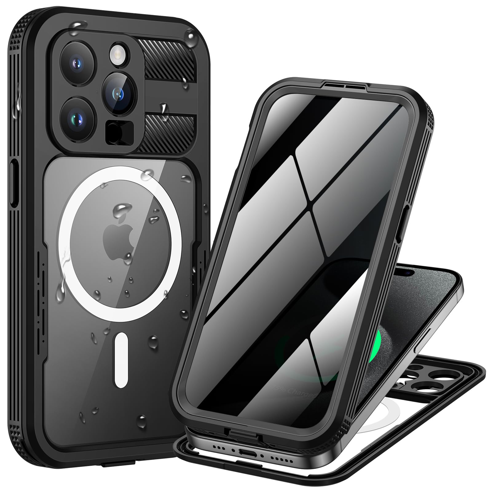 Lanhiem Magnetic for iPhone 15 Pro Max Waterproof Case, Built-in Privacy Screen Protector, Compatible with MagSafe, Anti-Spy Full Body Phone Case for iPhone 15 Pro Max 6.7", Black