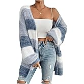Milumia Women's Colorblock Fuzzy Long Cardigan Open Front Long Sleeve Knit Sweaters with Pockets