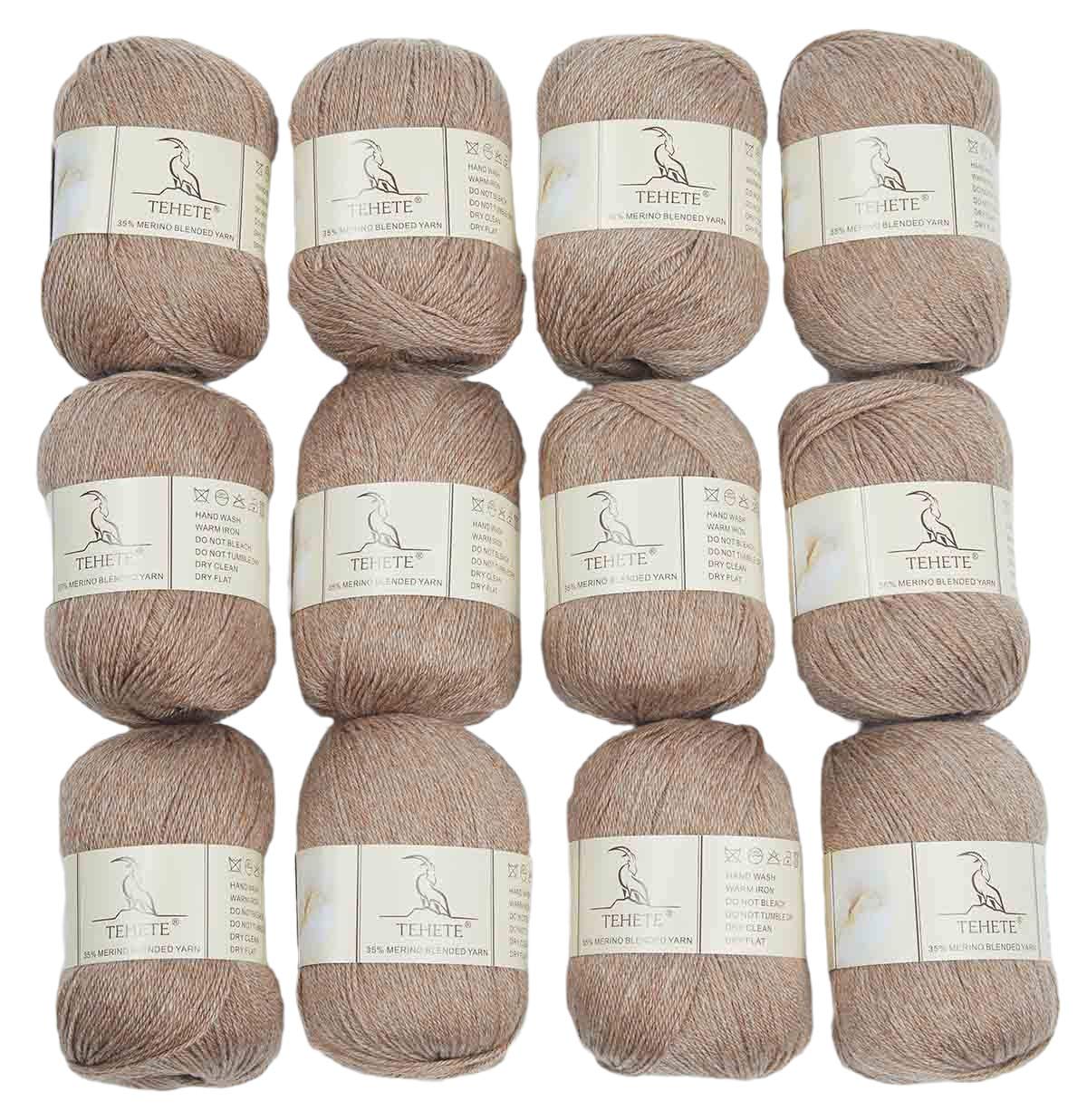 TEHETE Merino Wool Yarn for Knitting and Crochet 12x50g 35% Merino Blended Yarn 3ply Soft, Set of 12-Camel