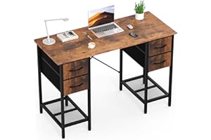 Sweetcrispy Computer Desk with Drawers, 47 Inch Home Office Bedroom Table with 4 Fabric Drawers & 2 Mesh Storage Shelves, Woo