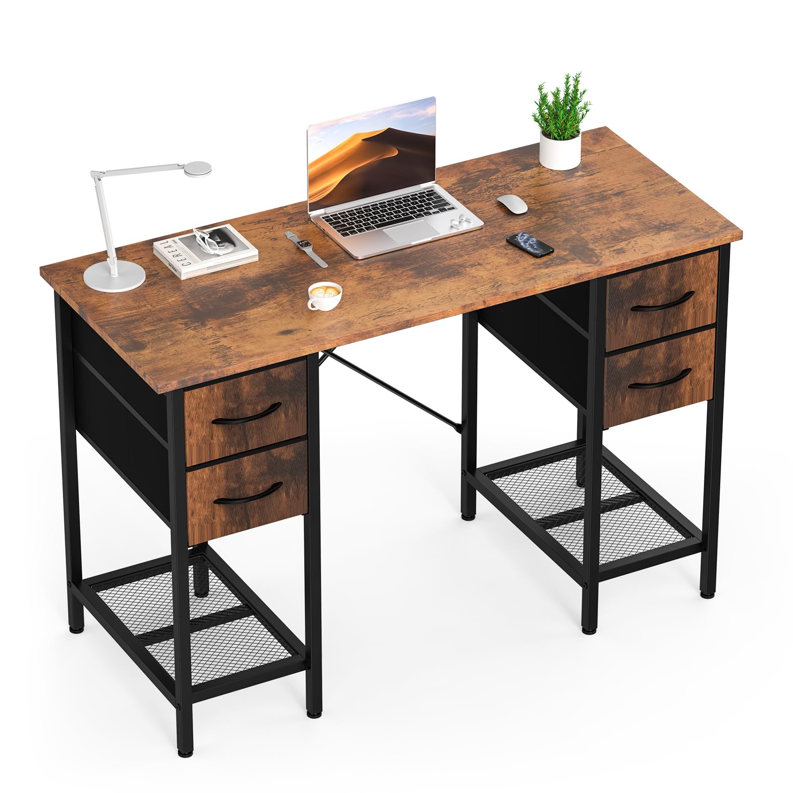 Sweetcrispy Computer Desk with Drawers, 47 Inch Home Office Bedroom Table with 4 Fabric Drawers & 2 Mesh Storage Shelves, Wood Table with X-Shaped Structure for Writing Study PC Desk, Brown Image