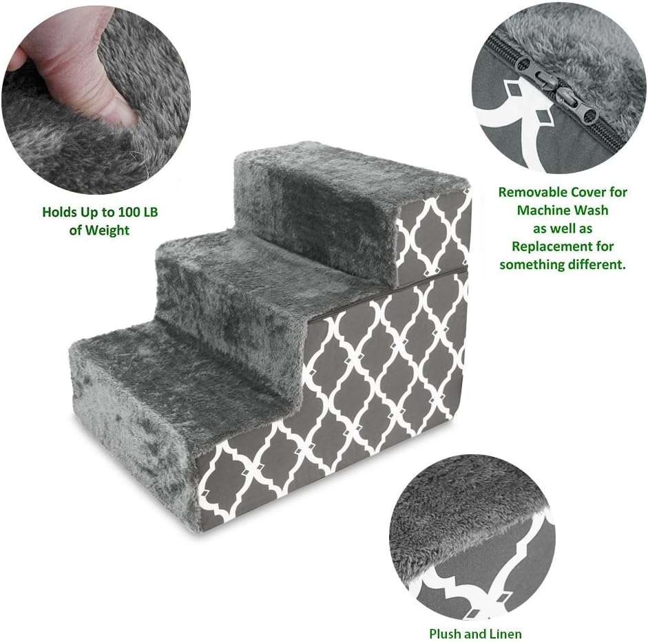 Made in USA Foldable Pet Steps/Stairs with CertiPUR-US Certified Foam by Best Pet Supplies - Gray Lattice, 3-Steps (H: 16.5") : Pet Supplies