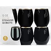 PLASTICPRO 12 Pack Black With Gold Rim Plastic Wine Glasses Stemless Disposable 12 oz BPA Free Shatterproof Plastic Wine Cups Wine Glasses for Parties