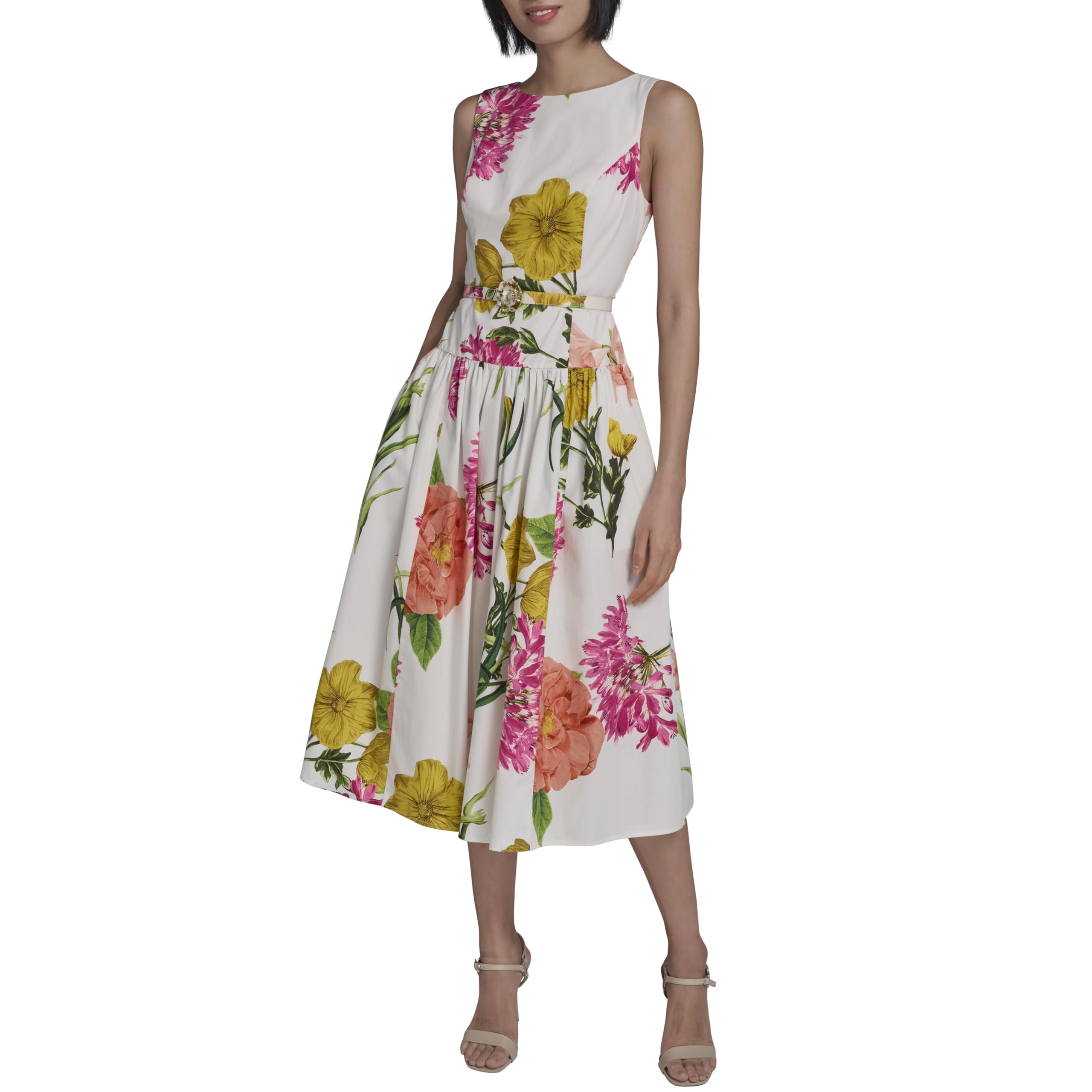 KARL LAGERFELD Paris Women’s Sleeveless Boat Neck Drop Waist Belted Midi Dress, Soft White/Camelia Combo, 4