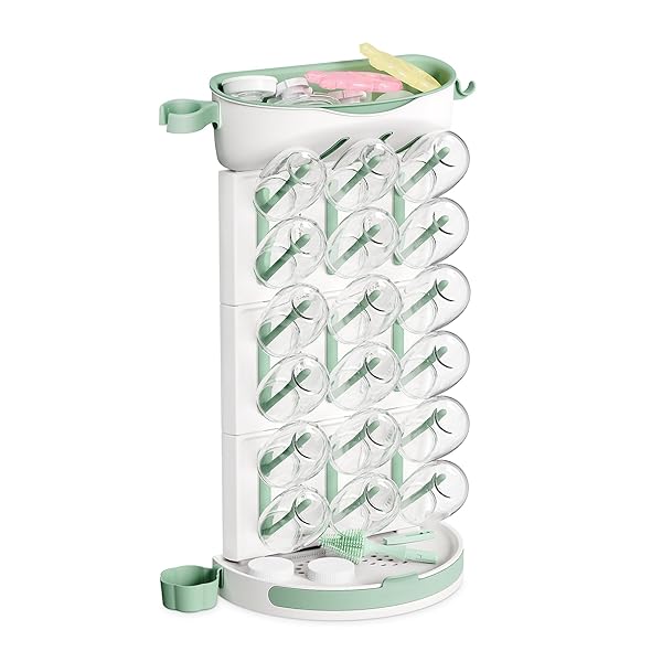 MOMCOZY BABY BOTTLE DRYING RACK FOR 18 BOTTLES, SPACE SAVING COUNTERTOP VERTICAL RACK FOR BABY ACCESSORIES & PUMP PARTS, DETACHABLE TRAVEL DRYING RACK WITH BRUSH HOLDER