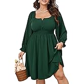 SHESTARR Womens Plus Size Cocktail Dress Fall Off Shoulder Long Sleeve Square Neck Smocked Waist Flowy A Line Short Dress