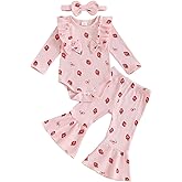 Emmababy Strawberry Outfit Baby Girl Strawberry Romper Long Sleeve Bell Bottom Pants Set Infant Birthday Outfit Fall Clothes