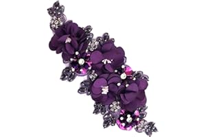 SAIXCCS 1pc Handmade Rhinestone Applique for Clothes, 3D Flower Fabric Patches for Wedding Dress, Bling Beaded Embroidery Lace Applique for Hat Hairband Sewing Embellishment (Purple)