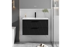 eclife 30" Bathroom Vanities Cabinet with Sink Combo, Wall Mounted Floating Cabinet W/Decor Line, Soft-Close System, 2 Extra Big Drawers, Matte Black Faucet, Black