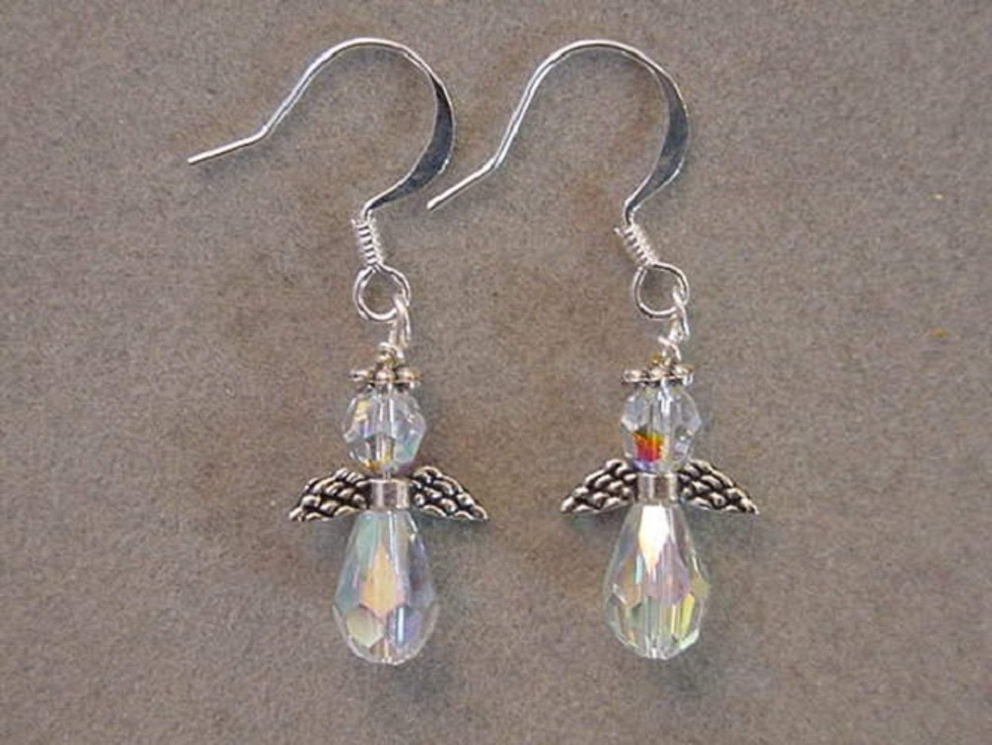 Silver SWAROVSKI Crystal AB ANGEL Earrings Guardian Angel Jewelry Christmas Jewelry Christmas Earrings