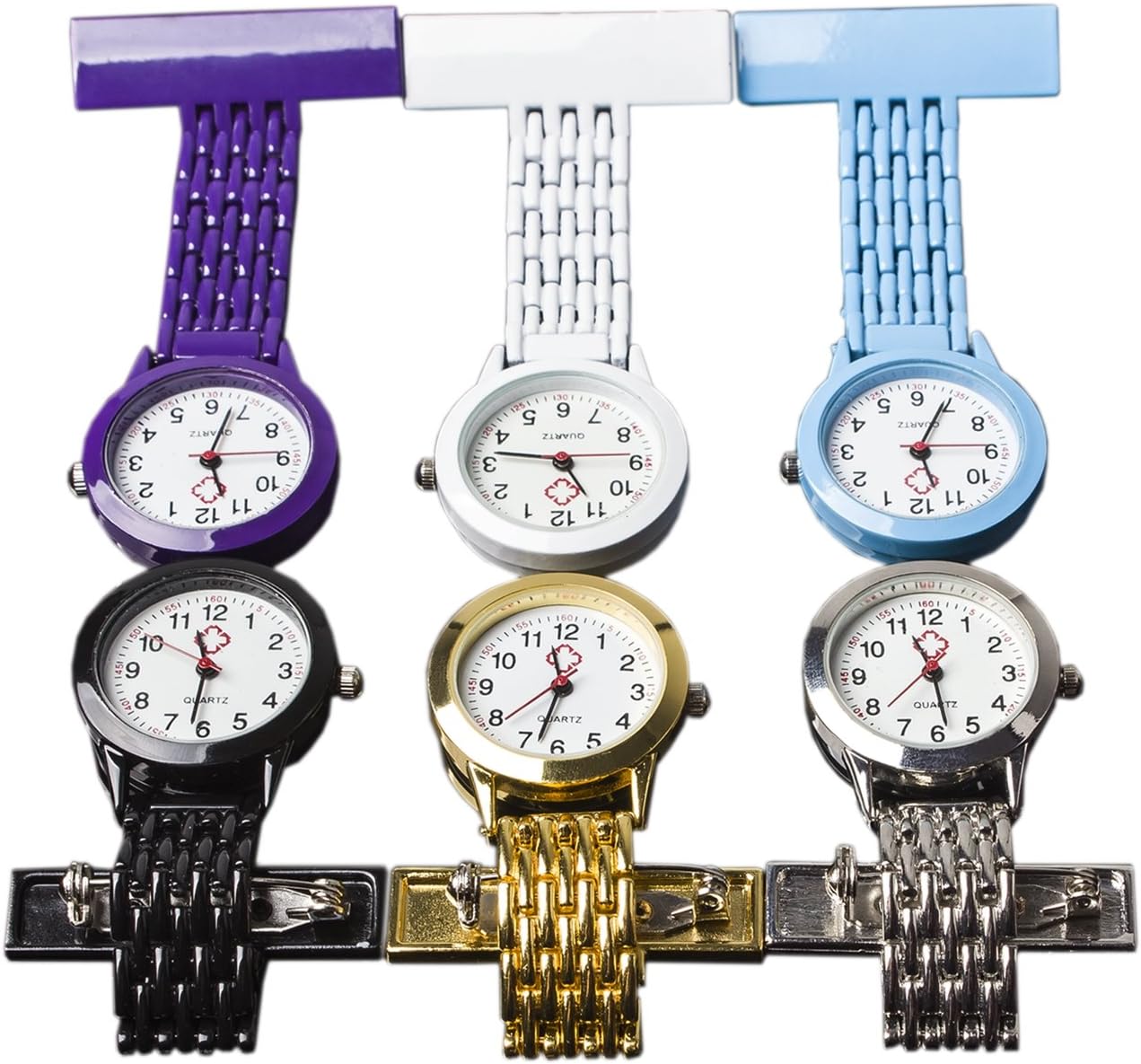 NURWAT Stainless Steel Nurse Watch Doctors Medical Brooch Quartz Fob Pin-on Lapel Pocket Watch Black White Silver Gold Blue Purple (Pack of 6)