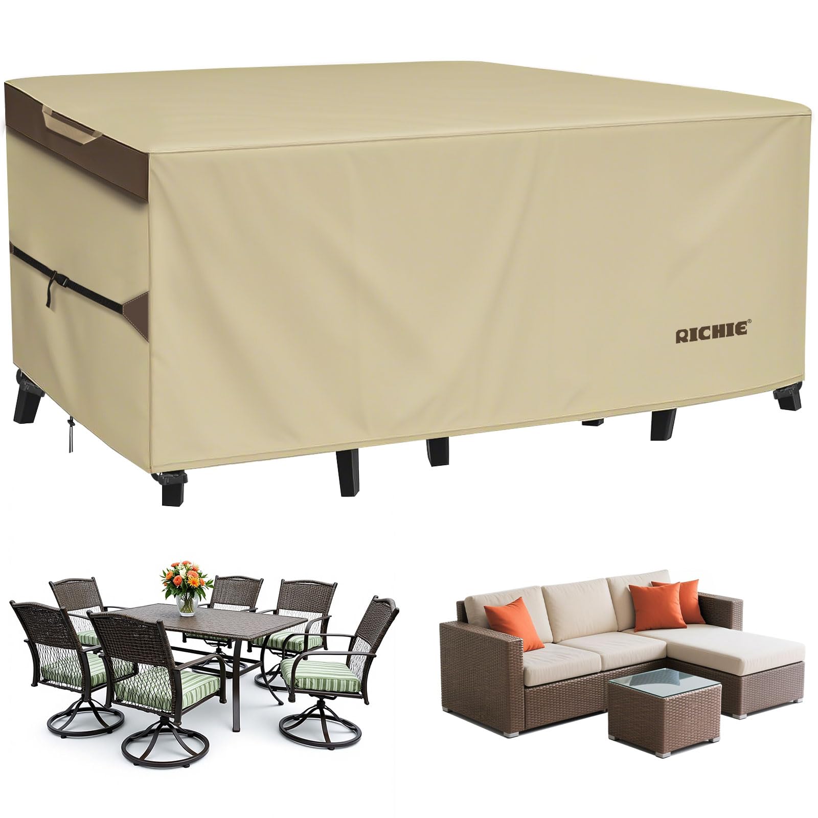 Photo 1 of RICHIE Outdoor Patio Furniture Cover - Heavy Duty Waterproof 600D Tough Canvas Protector for Rectangular Table Cover, All-Season Dining Table and Chair Covers (128L x 82W x 28H Inch)